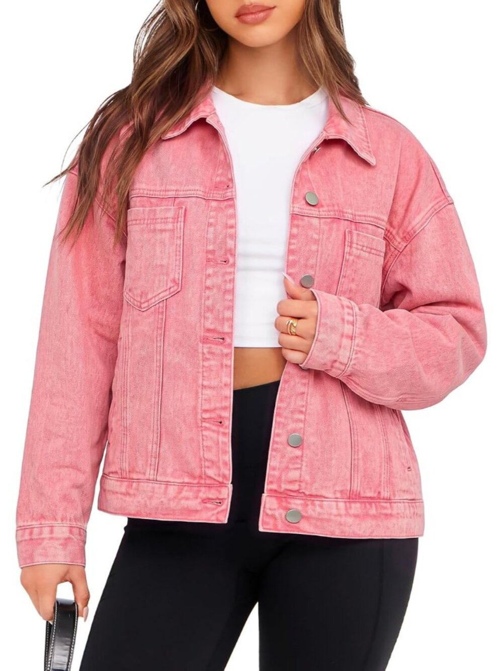 Women's Pink Oversized Jean Jacket Casual Long Sleeve Button Down Denim Jacket